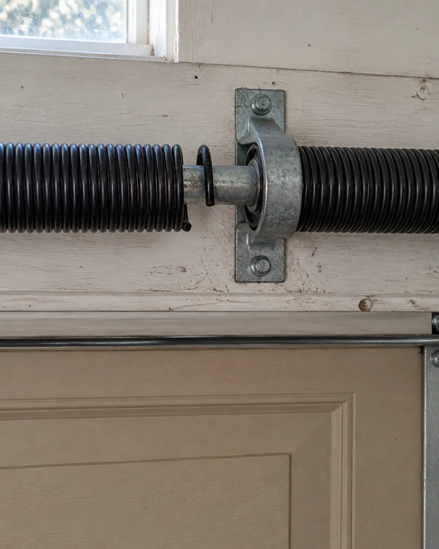 Broken torsion spring with a visible gap in the coil on the shaft