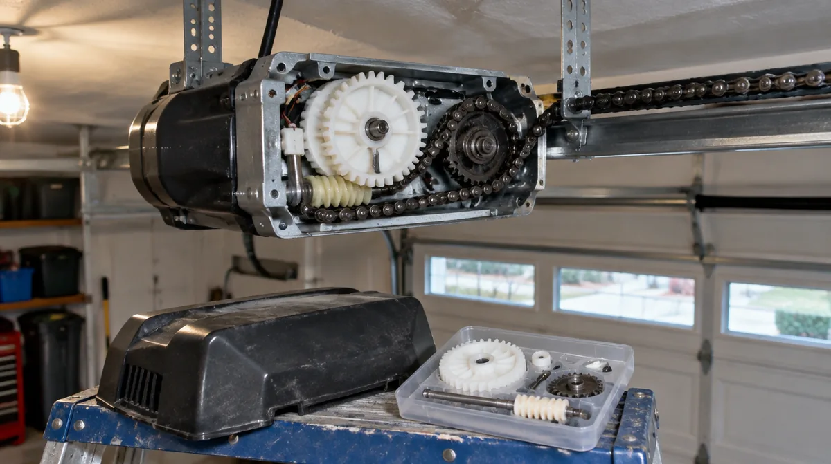 Ceiling mounted chain drive garage door opener with its cover off, showing the white nylon drive gear, beside the red emergency release cord