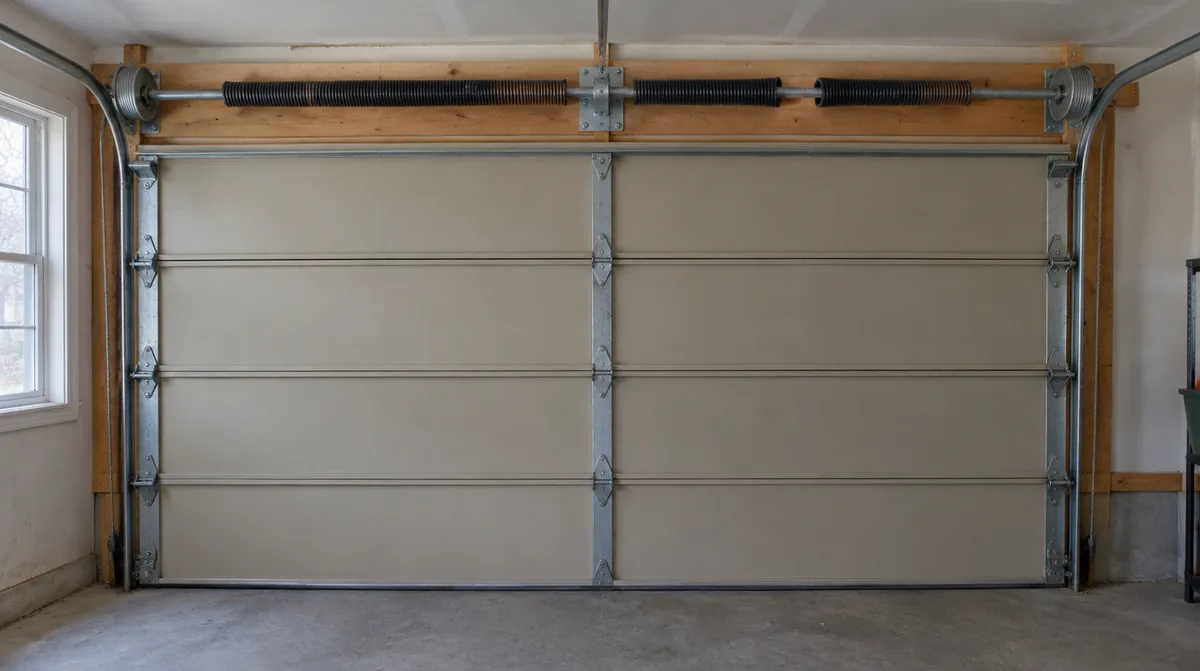Close view of a torsion spring above a closed garage door with a visible two-inch gap between the coils