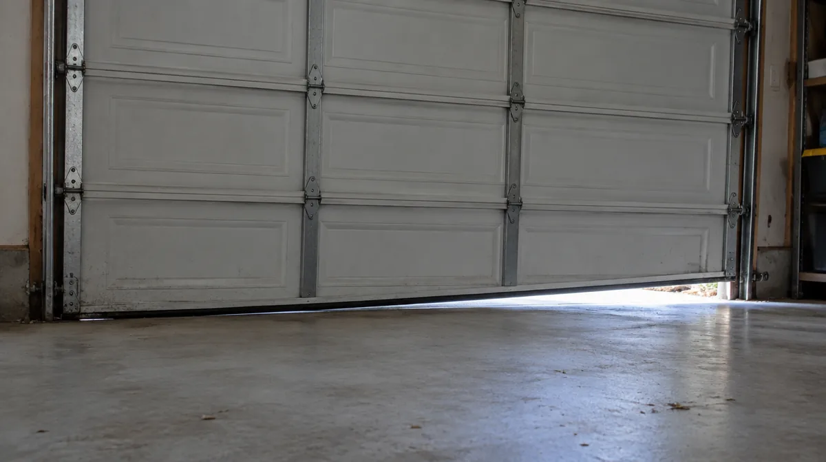 Closed sectional garage door with the bottom edge visibly lower on the left side, showing a light gap at the floor on the right