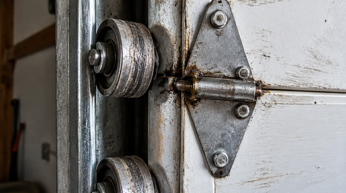 Detail of worn steel garage door rollers and a hinge on a section joint, lit by side light to show wear and old grease