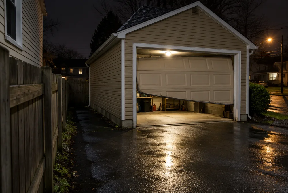 Garage door stuck partly open at night with the garage light on
