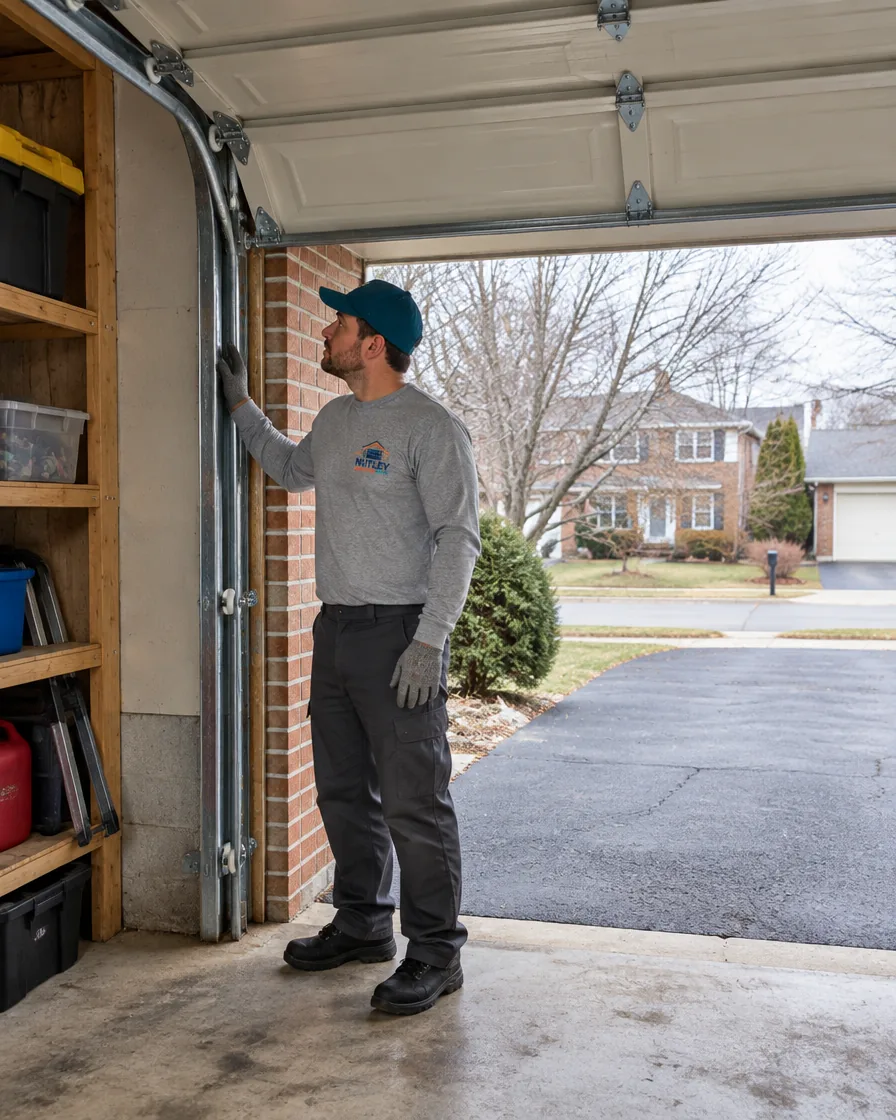 Garage door technician checking the track and rollers of an open sectional garage door