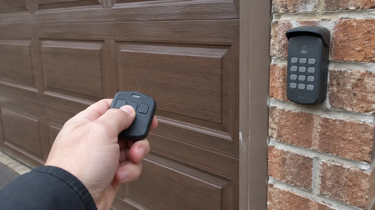 Hand-held garage door remote and an outdoor wireless keypad mounted on brick trim beside a closed garage door