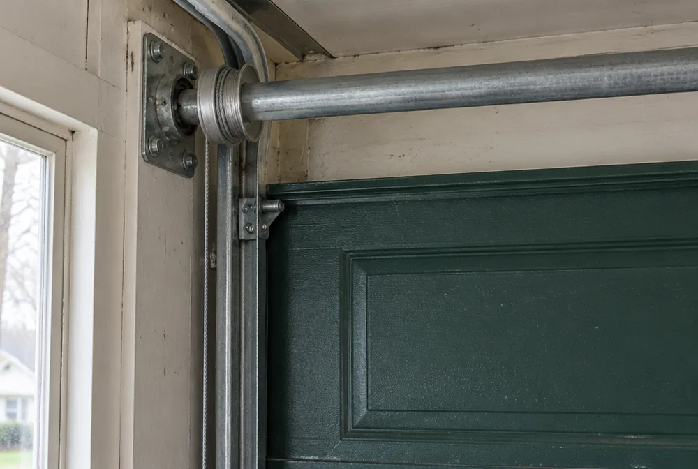Lift cable wound on the drum at the top corner of a sectional garage door