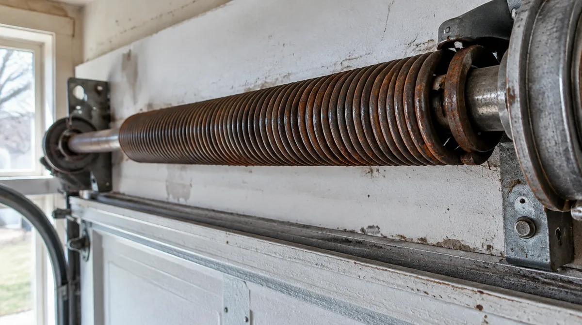 Lightly rusted torsion spring coil on a steel shaft above a garage door, lit by daylight from a side window