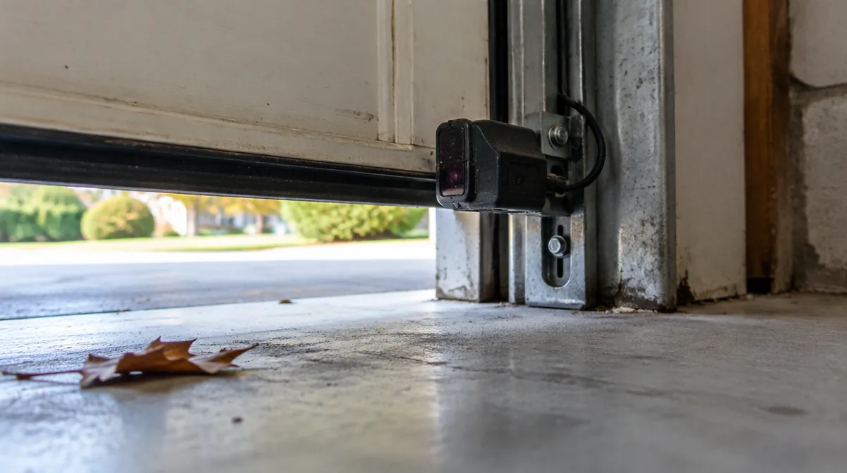 Low angle view of a garage door safety sensor mounted on the track bracket a few inches above a concrete floor, with its small indicator light glowing