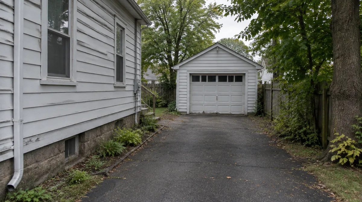 Narrow single-car detached garage with a painted wood panel door at the end of a long driveway beside an older frame house