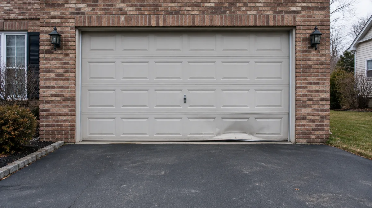 Older raised panel steel garage door with one dented lower section, photographed straight on from the driveway in overcast light
