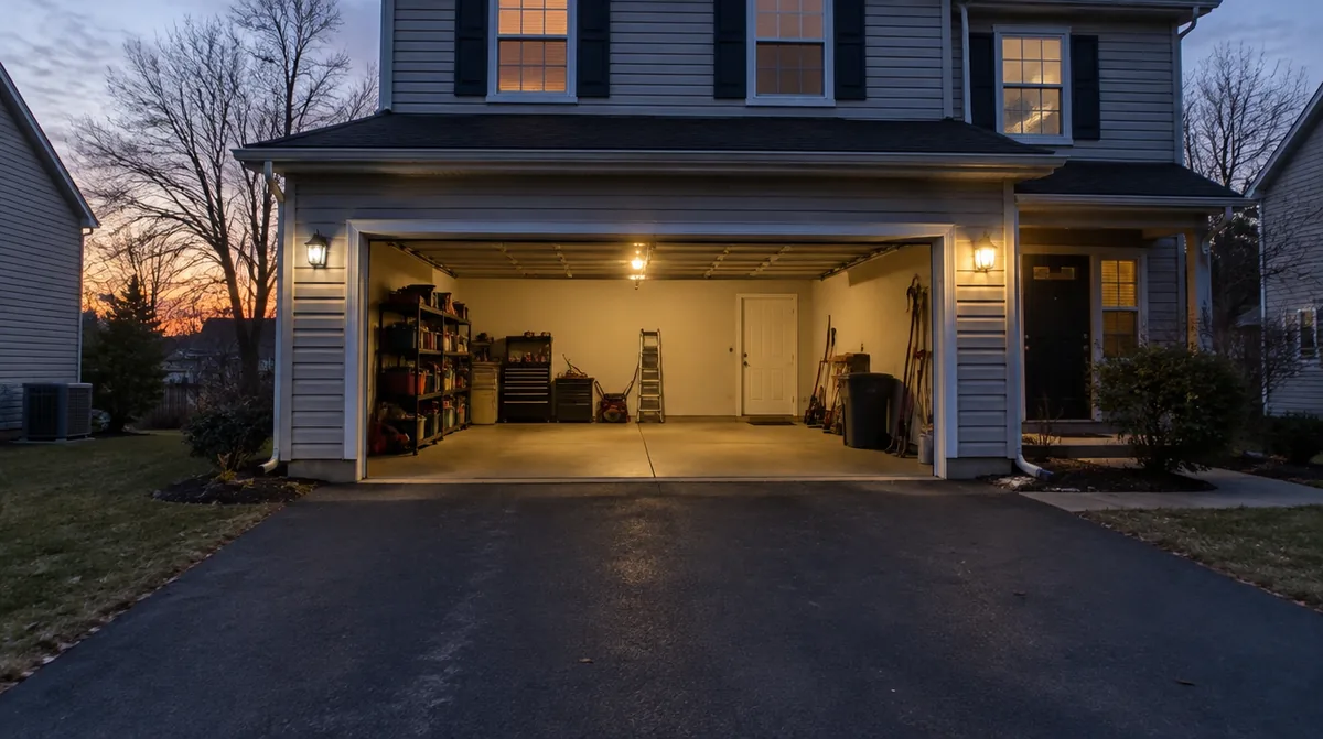 Open two-car garage at dusk with the door raised and the interior light on, viewed from the end of a driveway