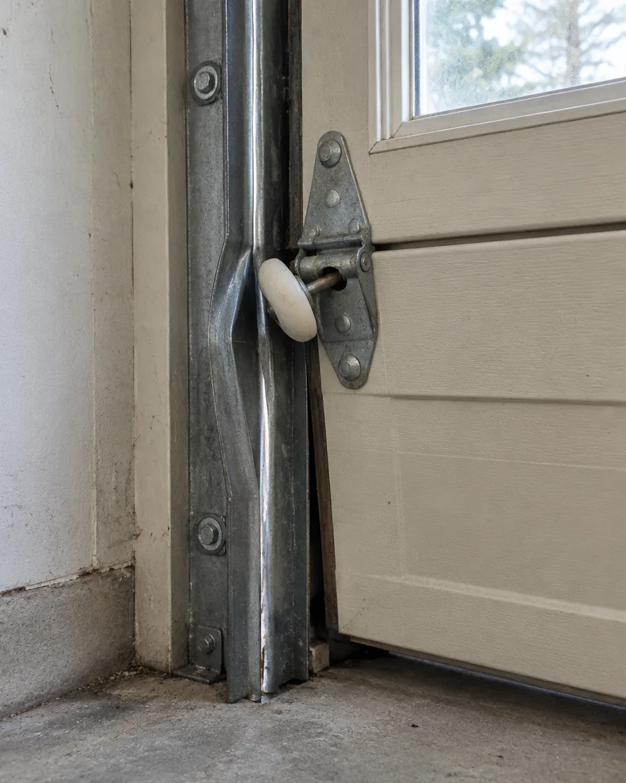 Roller pushed out of a bent vertical garage door track