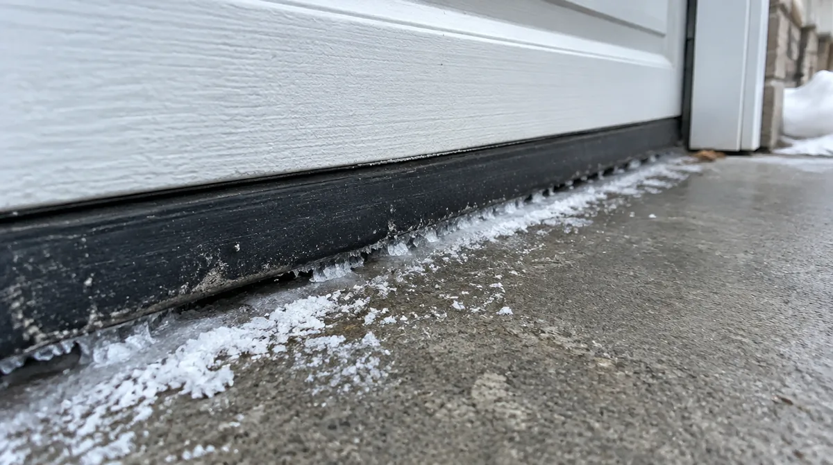 Rubber bottom seal of a closed garage door frozen to a concrete apron with a thin line of ice and road salt residue