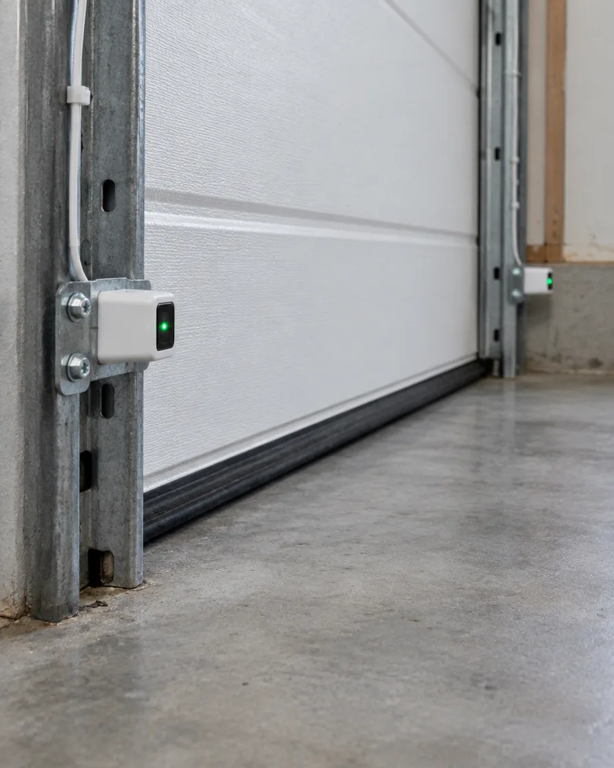 Safety sensor bracket mounted low on a garage door track