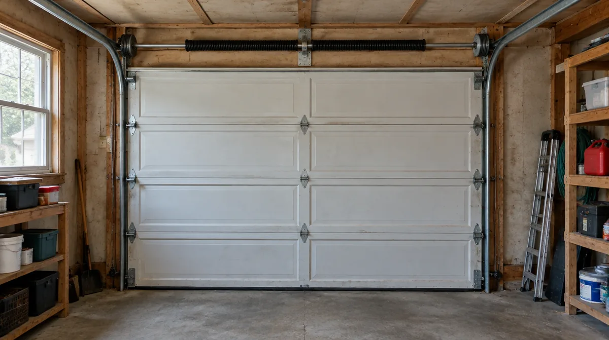 Split view of an older garage with extension springs running along the horizontal tracks beside a newer header-mounted torsion spring