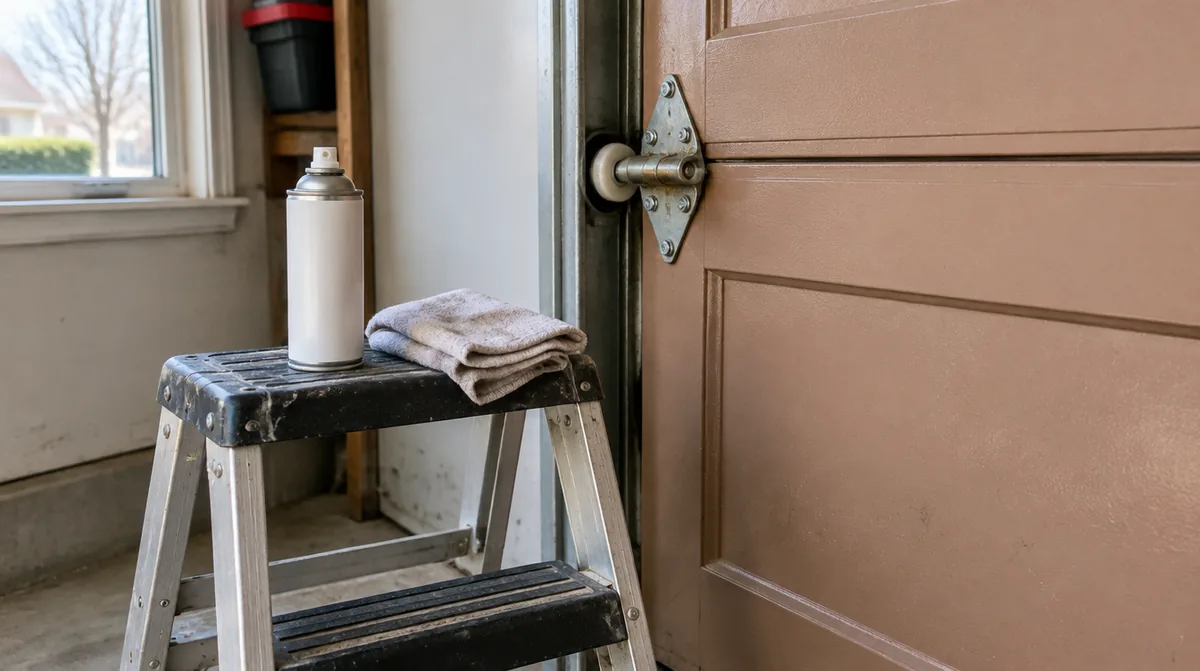 Spray can of garage door lubricant resting on a step stool beside a hinge and roller on the inside of a white steel garage door