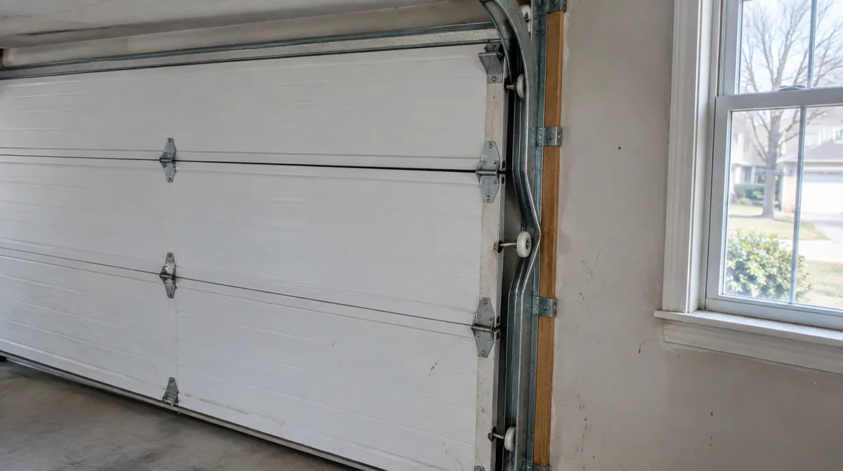 Steel garage door roller sitting outside a bent vertical track section, with the door panel tilted slightly inward
