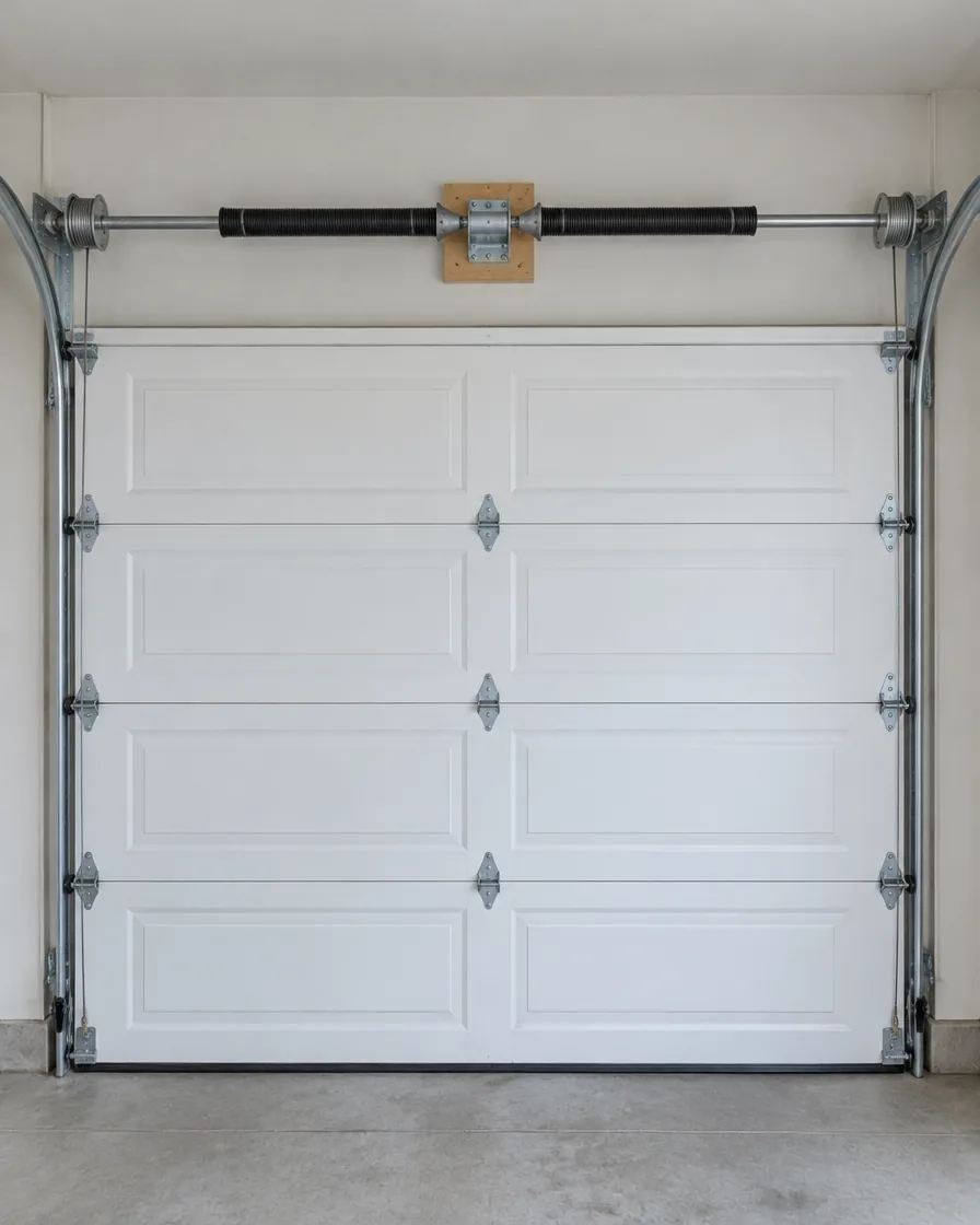 Technician fitting a new torsion spring on the bar above a closed garage door