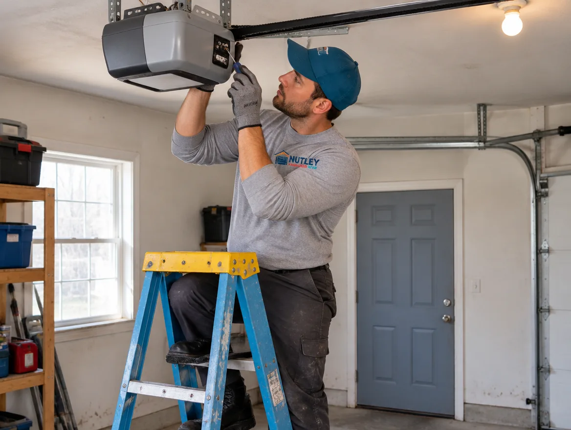 Technician on a ladder checking a ceiling-mounted garage door opener