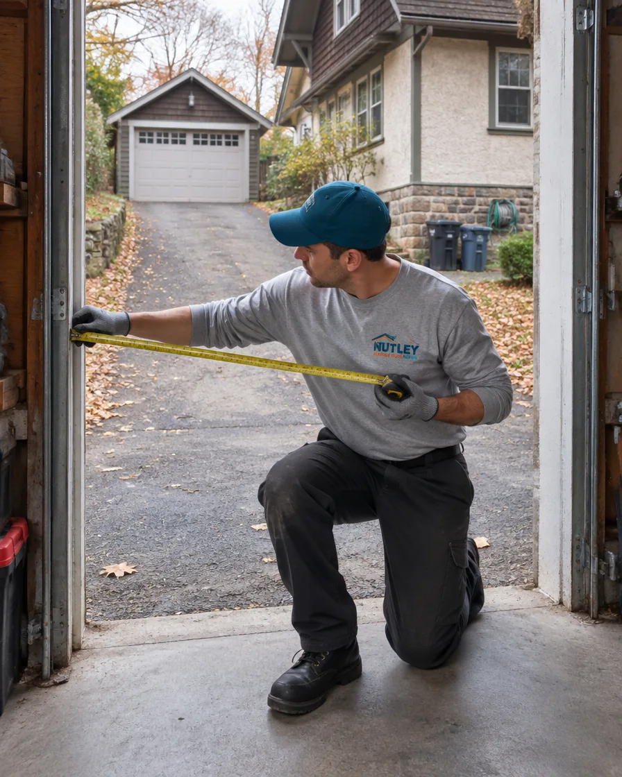 Technician servicing a garage door on a house typical of the Montclair area