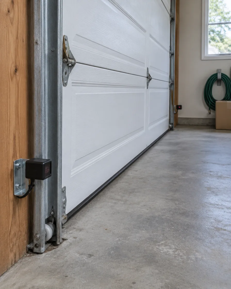 Technician servicing a garage door on a house typical of the North Arlington area