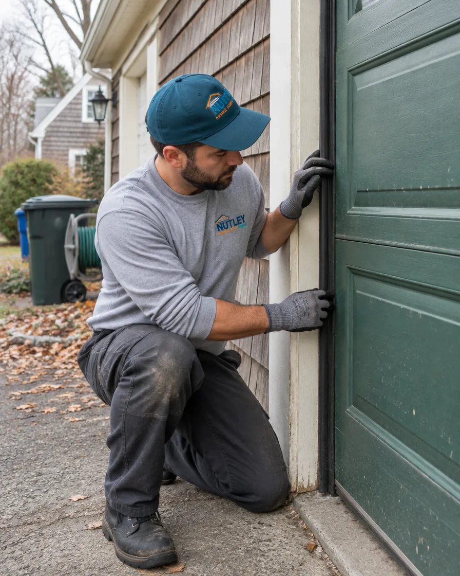 Technician servicing a garage door on a house typical of the Rutherford area