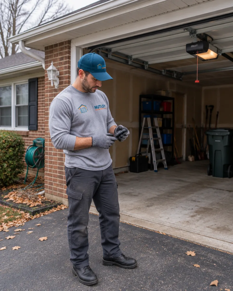 Technician servicing a garage door on a house typical of the Verona area