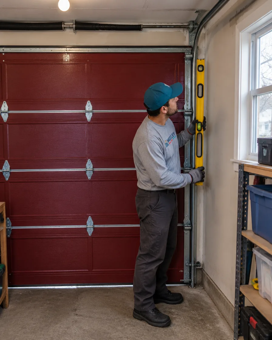 Technician servicing a garage door on a house typical of the Wallington area