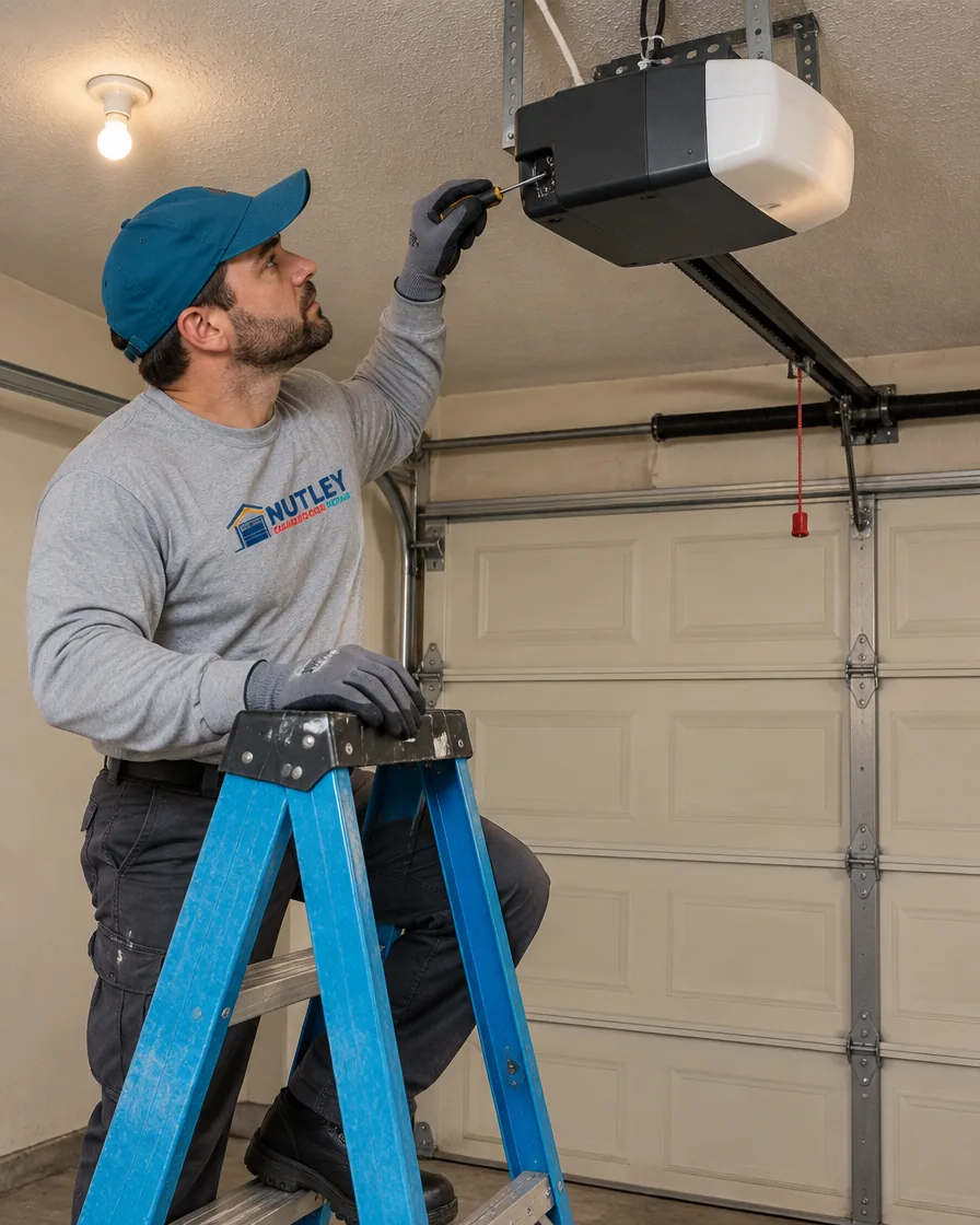 Technician servicing a garage door on a house typical of the Wood-Ridge area
