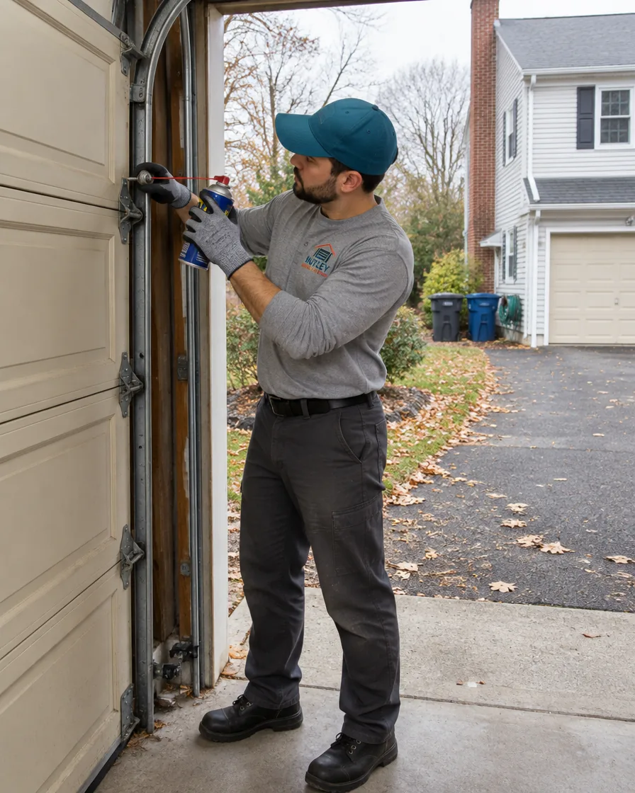 Technician servicing a garage door on a house typical of the Bloomfield area