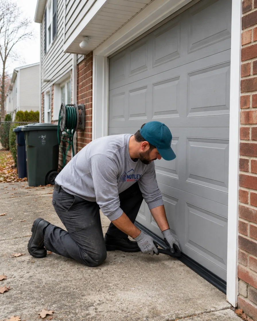Technician servicing a garage door on a house typical of the Carlstadt area