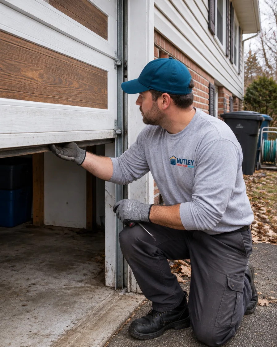 Technician servicing a garage door on a house typical of the Cedar Grove area
