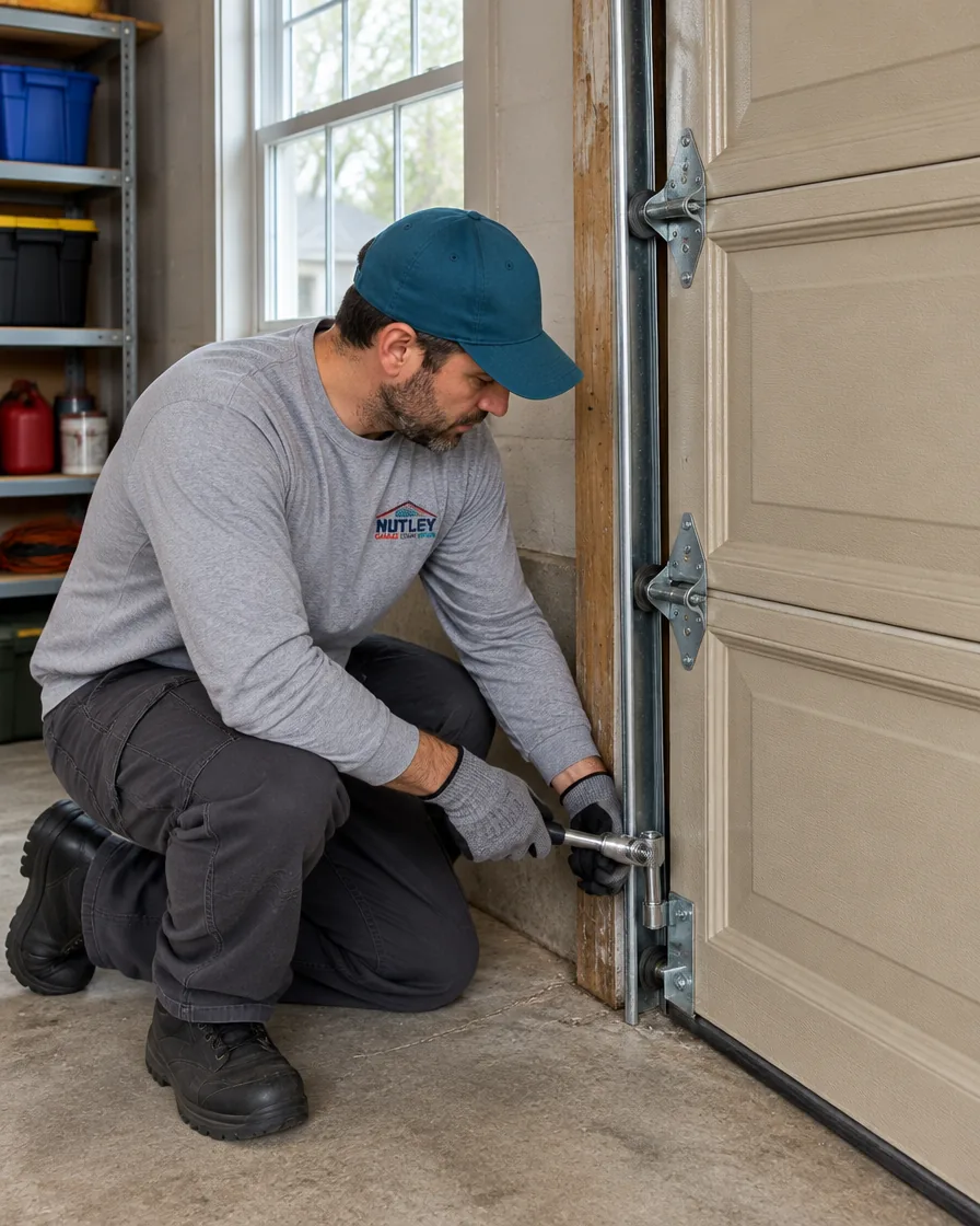Technician servicing a garage door on a house typical of the Clifton area
