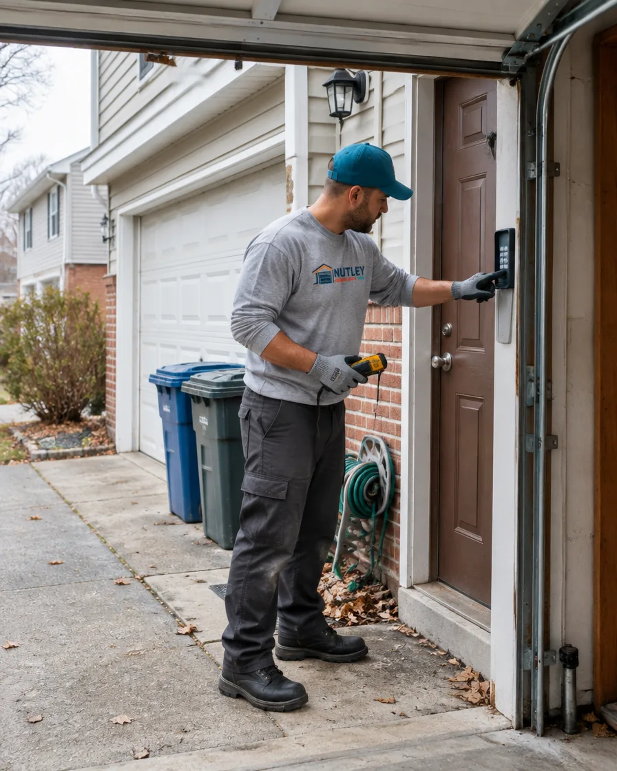 Technician servicing a garage door on a house typical of the East Rutherford area