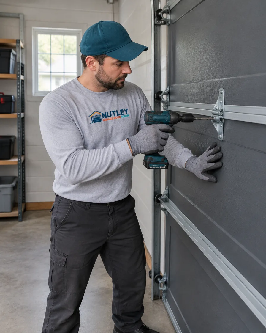 Technician servicing a garage door on a house typical of the Garfield area