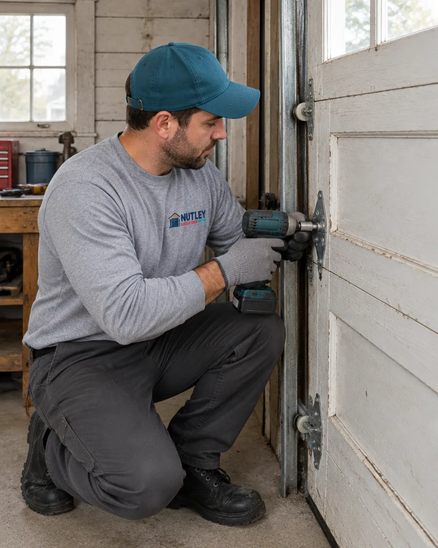 Technician servicing a garage door on a house typical of the Glen Ridge area