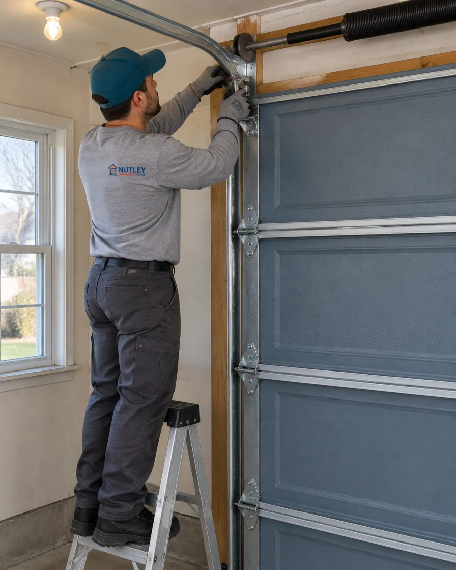 Technician servicing a garage door on a house typical of the Lyndhurst area