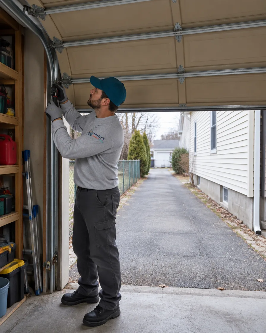 Technician servicing a garage door on a house typical of the Belleville area