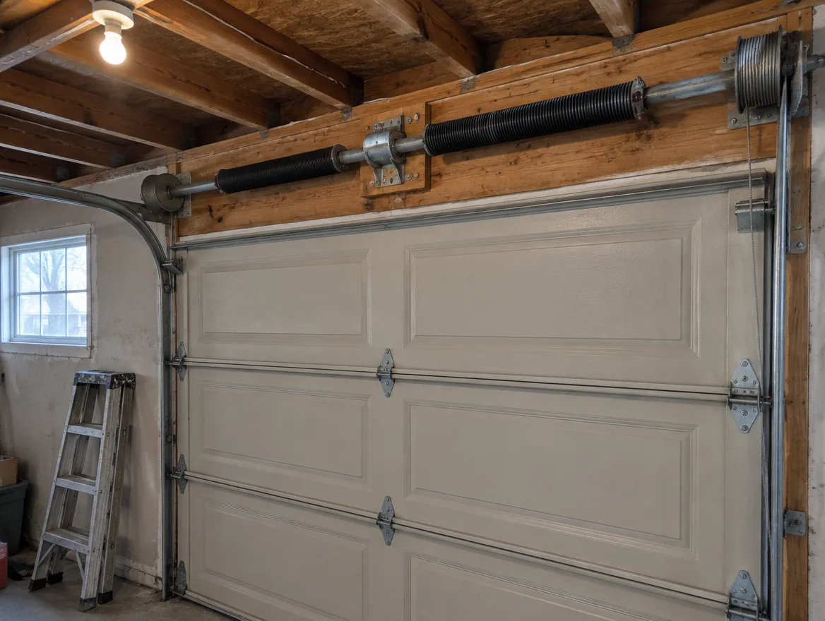 Technician using winding bars on a torsion spring above a garage door