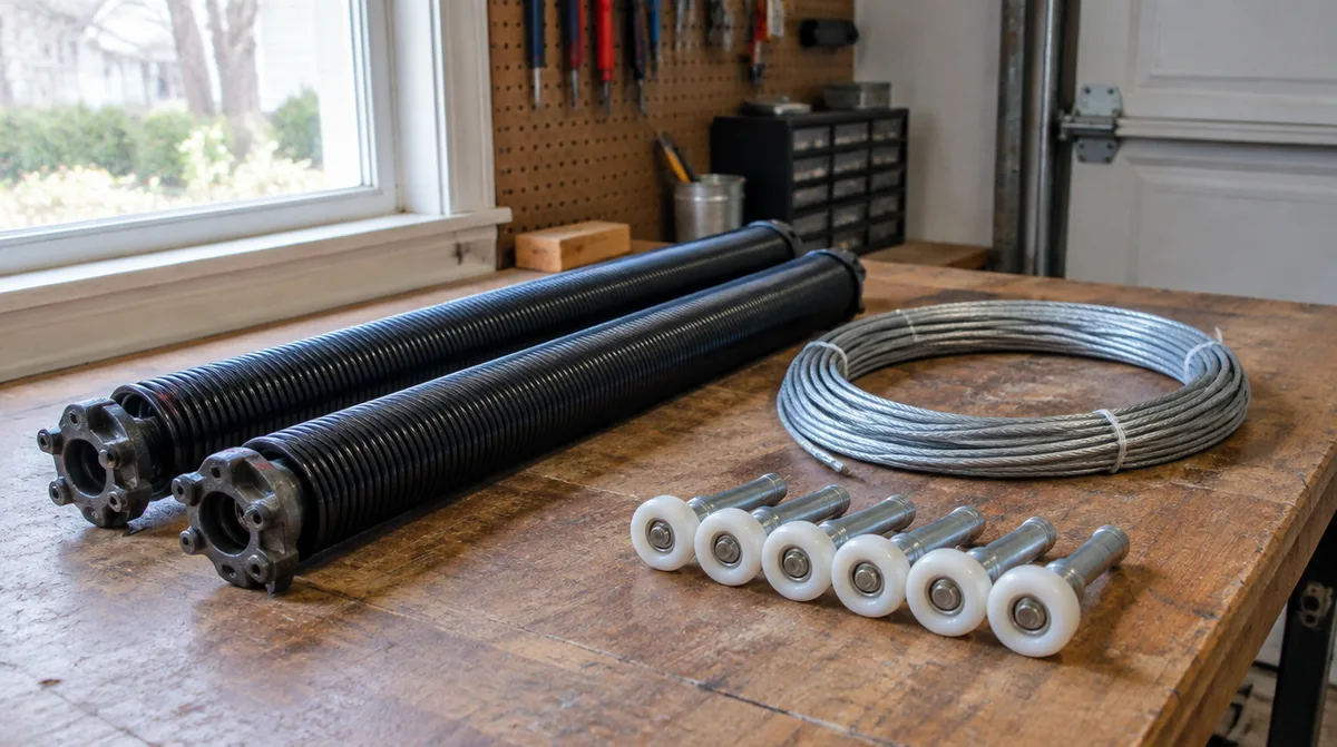 Workbench in a garage with a new pair of torsion springs, a coil of lift cable and a set of nylon rollers laid out side by side